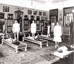 A black and white photo of Joseph H. Pilates' New York City studio